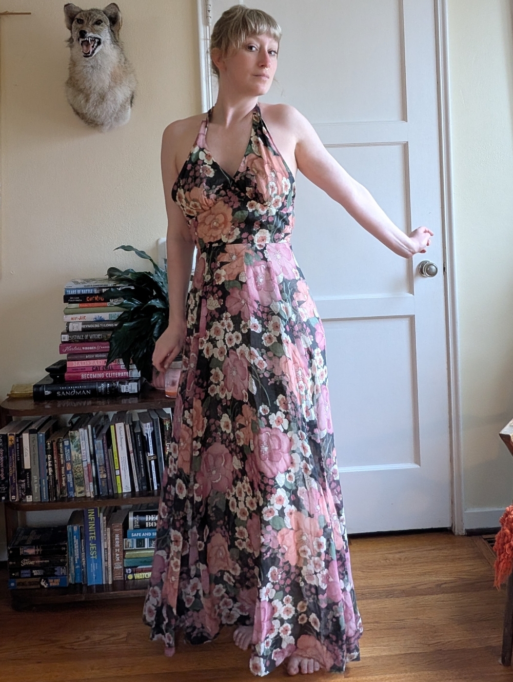 Vintage 70s Floral Halter Maxi Dress in Pink and Green - Picture 2 of 9